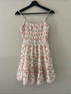 American Eagle Outfitters Cream Floral Smocked Sundress with Pink & Blue Accents
